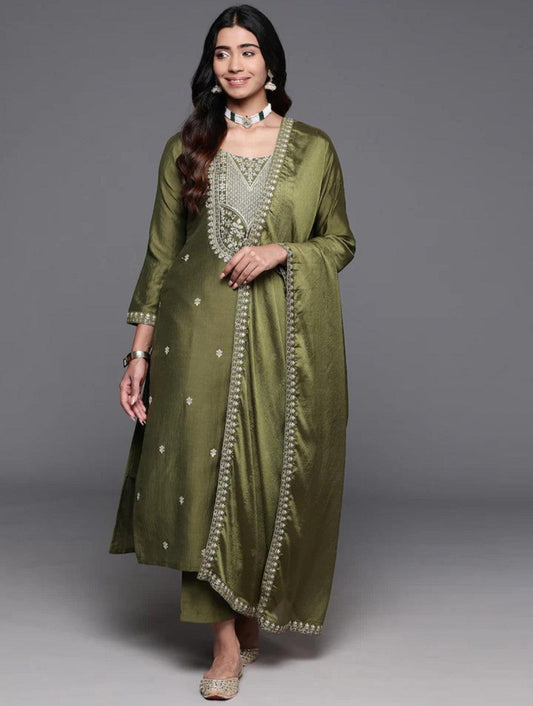 Mehndi Color Embroidered Women Kurta set with bottom and dupatta