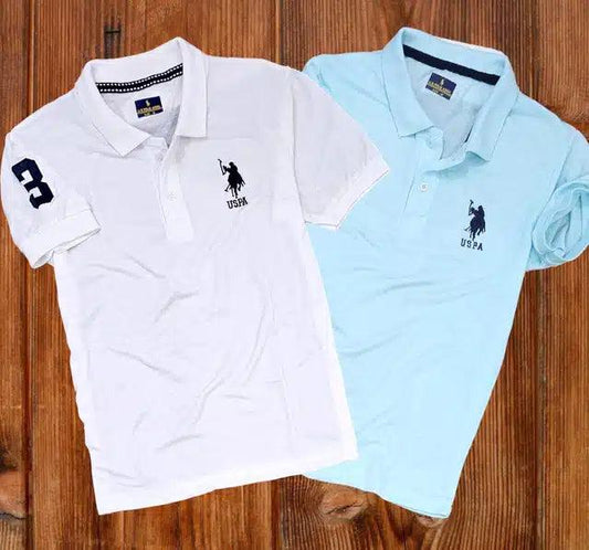 Polo Neck T-Shirt for Men (Pack of 2) (Sky Blue & White, M)