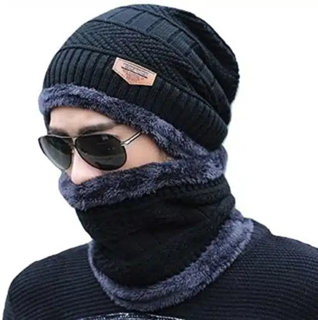 Winter Neck Warmer & Skull Cap Set for Men (Black)