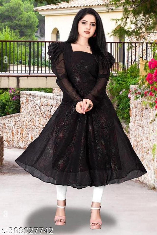 Georgette Solid Anarkali Kurti for Women (Black, M)