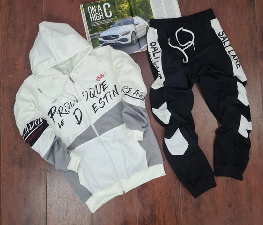 Fleece Printed Tracksuit for Men (White & Black, L)