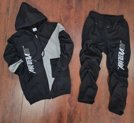 Fleece Printed Tracksuit for Men (Black, M)