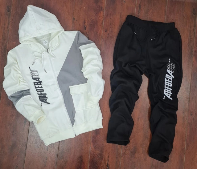 Fleece Printed Tracksuit for Men (White & Black, M)