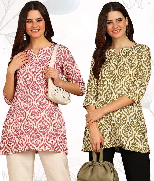 Rayon Printed Short Kurti for Women (Pink & Gold, S) (Pack of 2)