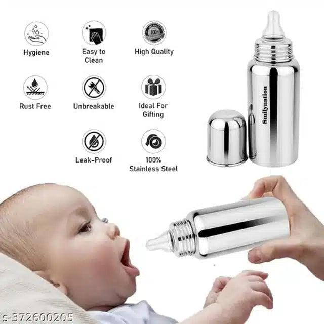 Stainless Steel Milk Feeding Bottle (250 ml) with Bottle Cleaning Brush for Infants (Multicolor, Set of 2)