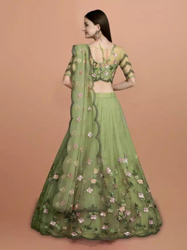 Net Embroidred Semi Stiched Lehenga Choli for Women (Green)