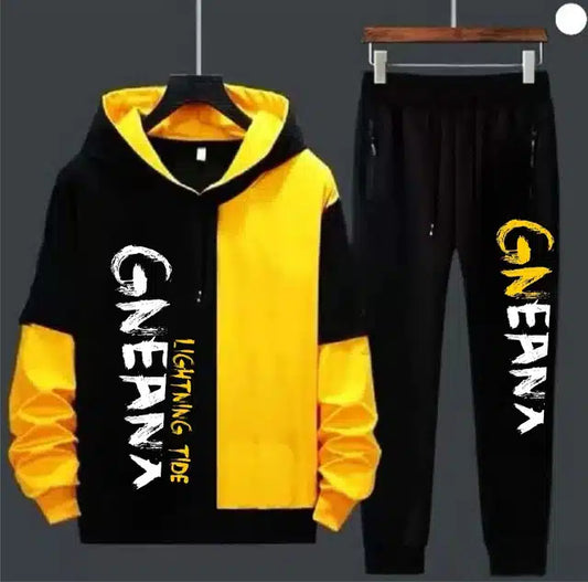 Fleece Printed Tracksuit for Men (Yellow & Black, XXL)