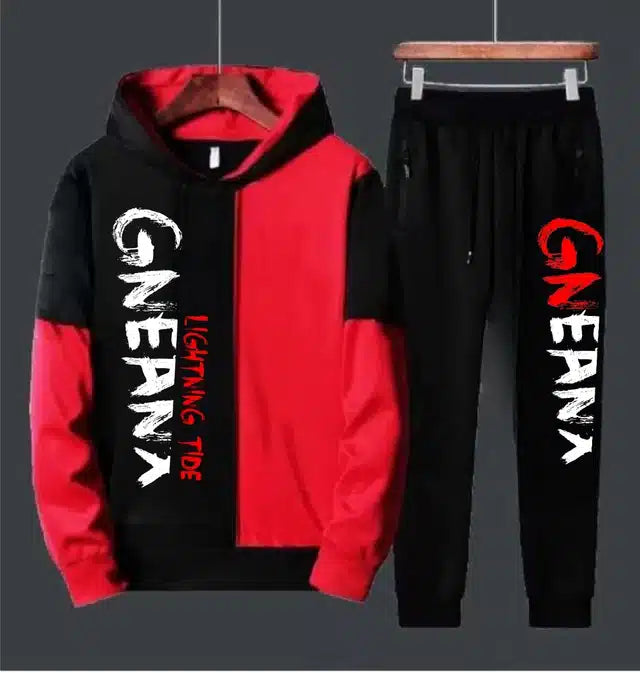 Fleece Printed Tracksuit for Men (Red & Black, L)