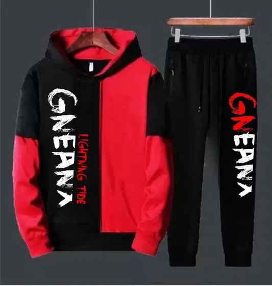 Fleece Printed Tracksuit for Men (Red & Black, L)