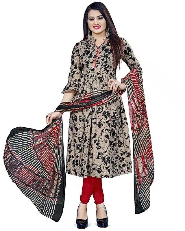 Cotton Suit Fabric with Dupatta for Women (Beige & Black)