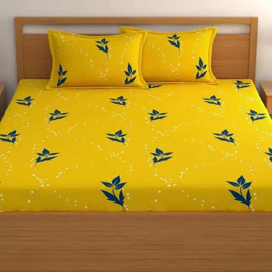 Cotton Floral King Size Bedsheet with 2 Pillow Covers (Mustard, Set of 1)